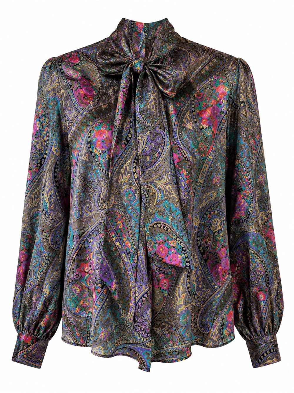 Vintage Jewel Tone Paisley Blouse | 80s Secretary Bow Top · Adelaar-Matson